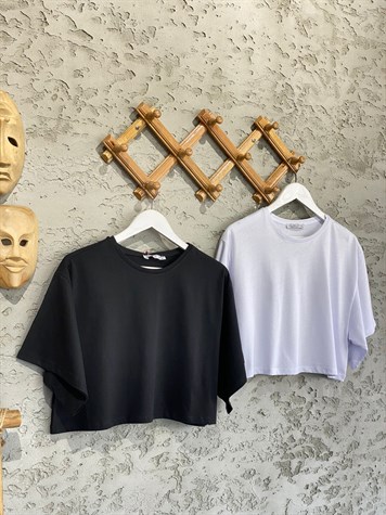 Crop Yarasa Kol T-shırt (Siyah/Beyaz)