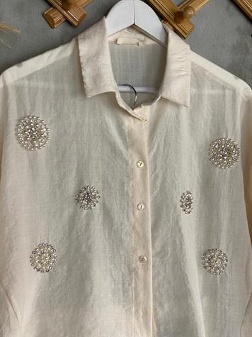 Boncuk Ve Taş İşçilikli Oversize Gömlek (Krem)