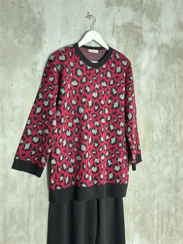 Bordo Leopar Desenli Triko Takım (Siyah)