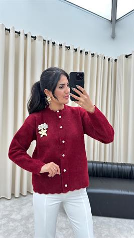 Broş Detaylı İnci Düğmeli Angora Hırka (Bordo)