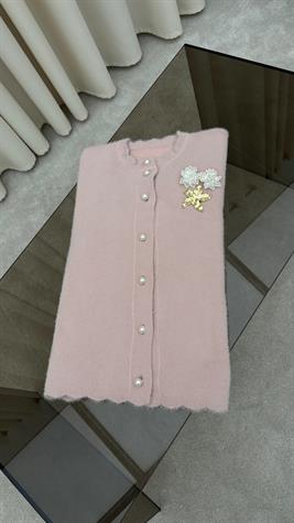 Broş Detaylı İnci Düğmeli Angora Hırka (Pudra)