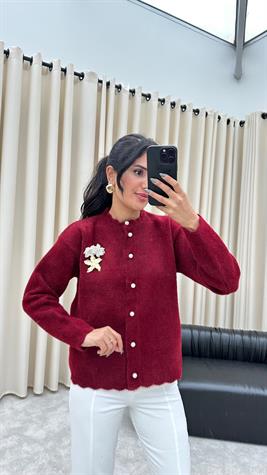 Broş Detaylı İnci Düğmeli Angora Hırka (Bordo)