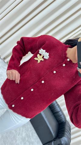 Broş Detaylı İnci Düğmeli Angora Hırka (Bordo)