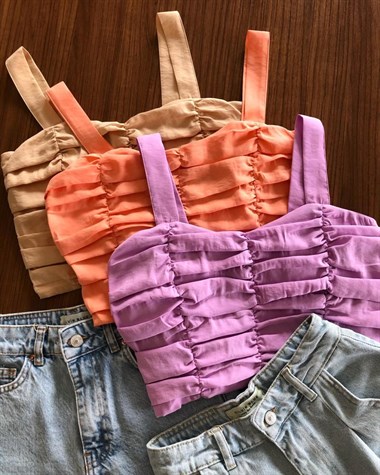 Büzgülü Sırtı Lastikli Crep Kumaş Crop Bluz (LİLA)