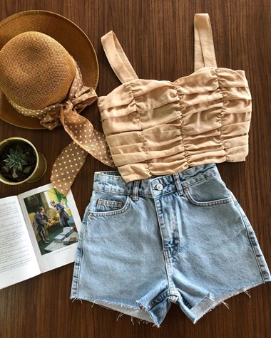 Büzgülü Sırtı Lastikli Crep Kumaş Crop Bluz (BEJ)