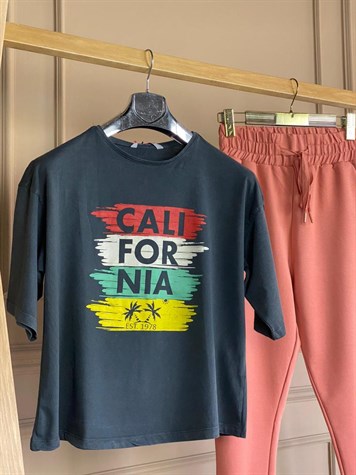 California Baskılı Yıkamalı Tshirt  (ANTRASİT)
