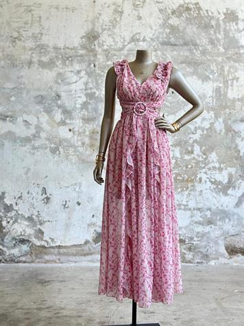 Çapraz Omuzdan Büzgü Detaylı Pembe Çiçekli Elbise (Pembe)