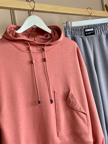 Cep Detaylı Boğazlı Sweat (Pembe)