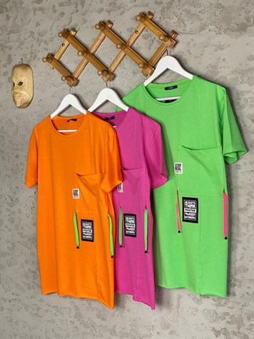 Cep Detaylı Neon Renkli Tunik Tshirt