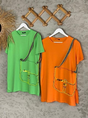 Cep Detaylı Tasarım Tshirt (Çağla Yeşili/Oranj)