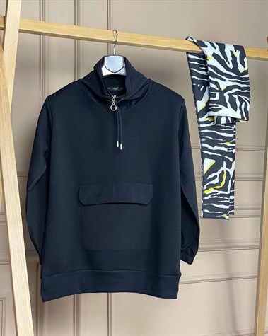 Cep ve Yaka Detaylı İkiiplik Sweat Kumaş Sweatshirt  (SİYAH)