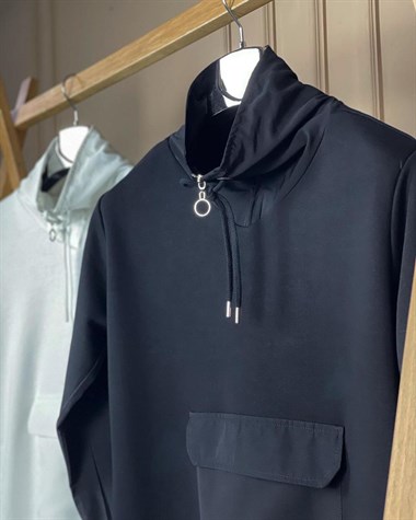 Cep ve Yaka Detaylı İkiiplik Sweat Kumaş Sweatshirt  (SİYAH)