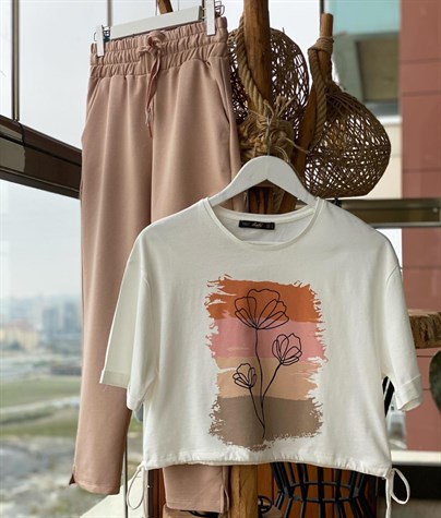 Çiçek Baskılı Altı Büzgülü Tshirt