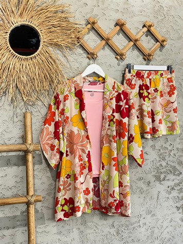 Çiçek Desenli Kimono Şort Takım (Şeftali)