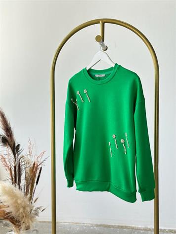 Çiçek Desenli Kristal Taş İşçilikli Sweat (Yeşil)