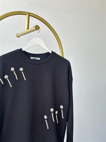 Çiçek Desenli Kristal Taş İşçilikli Sweat (Siyah)