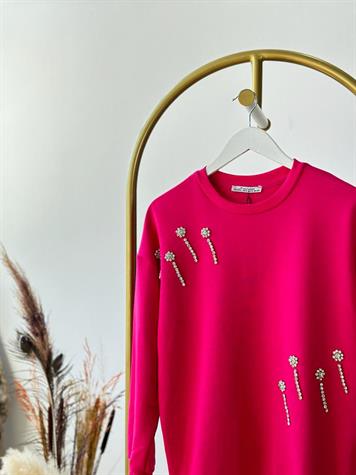 Çiçek Desenli Kristal Taş İşçilikli Sweat (Fuşya)