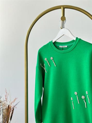 Çiçek Desenli Kristal Taş İşçilikli Sweat (Yeşil)