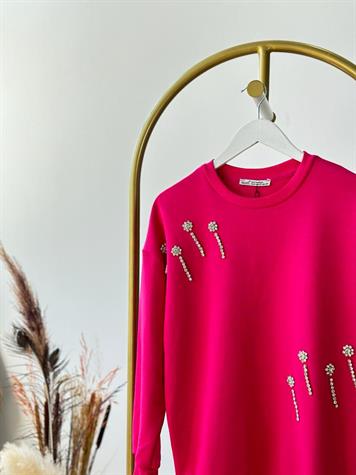 Çiçek Desenli Kristal Taş İşçilikli Sweat (Fuşya)