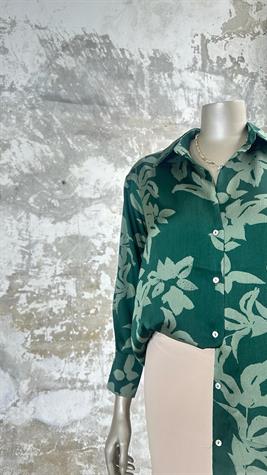 Çiçek Desenli Pamuk Saten Gömlek (Yeşil)