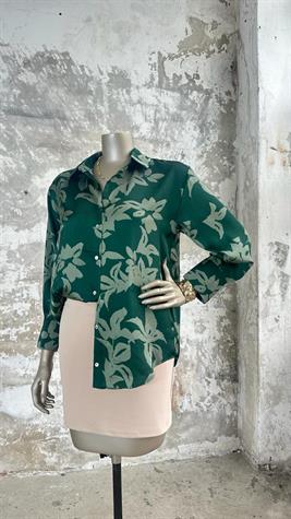 Çiçek Desenli Pamuk Saten Gömlek (Yeşil)