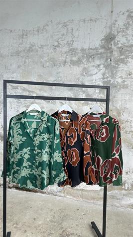 Çiçek Desenli Pamuk Saten Gömlek (Yeşil)