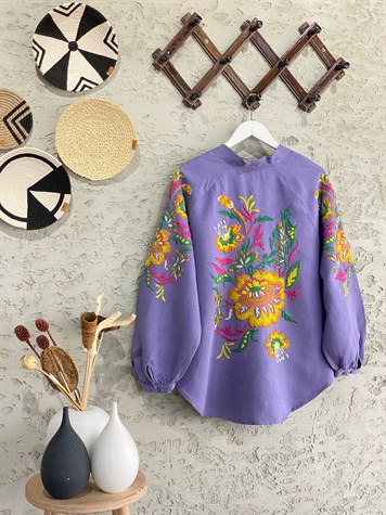 Çiçek İşlemeli Keten Kimono (Mor)