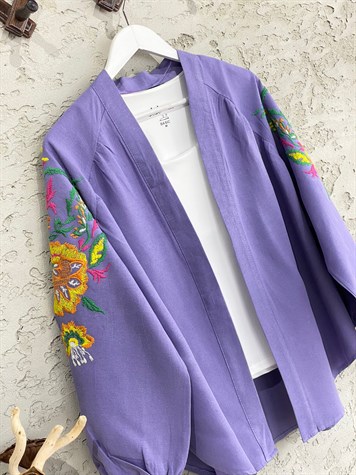Çiçek İşlemeli Keten Kimono (Mor)