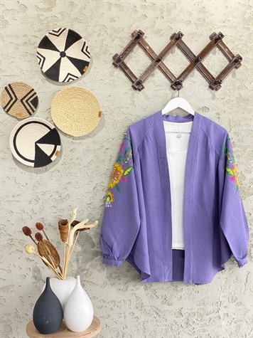 Çiçek İşlemeli Keten Kimono (Mor)