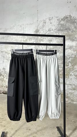 Çift Bel Detaylı Garni Cepli Kadın Pantolon (Siyah)