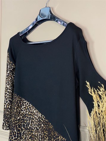 Çift Bloklu Leopar Detaylı Büyük Beden Bluz