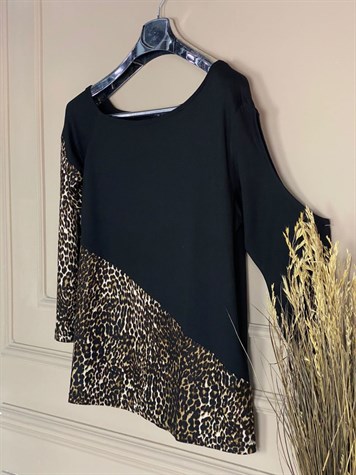 Çift Bloklu Leopar Detaylı Büyük Beden Bluz
