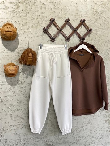 Çift Cepli Şerit Detaylı Jogger Eşofman (Ekru)