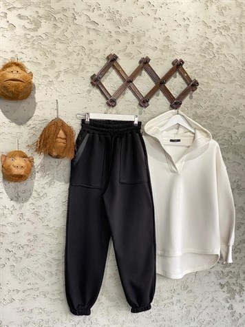 Çift Cepli Şerit Detaylı Jogger Eşofman (Siyah)