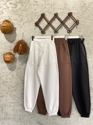 Çift Cepli Şerit Detaylı Jogger Eşofman (Ekru)