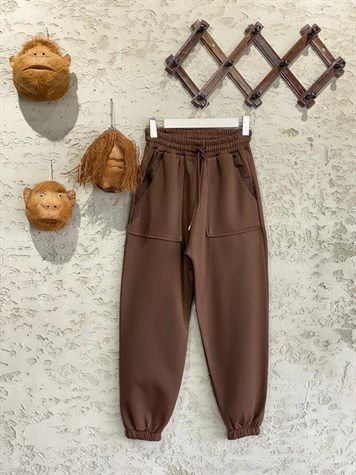 Çift Cepli Şerit Detaylı Jogger Eşofman (Kahve)