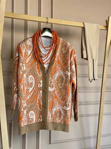Çift Renk Desenli Oversize Hırka (Camel)