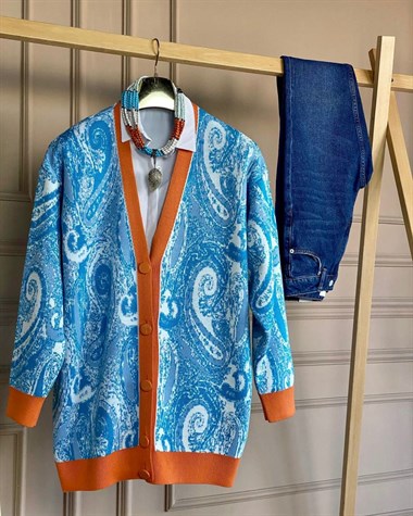 Çift Renk Desenli Oversize Hırka (Mavi)