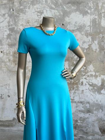 Çift Yırtmaç Detaylı Sırt Dekolteli Modal Elbise (Turkuaz)