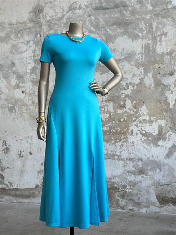 Çift Yırtmaç Detaylı Sırt Dekolteli Modal Elbise (Turkuaz)