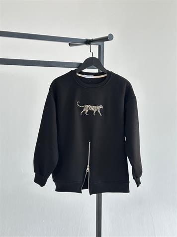 Çita Nakış İşlemeli Fermuar Detaylı Sweat (Siyah)