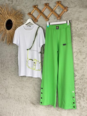 Çıtçıt Detaylı Bol Paça Pantolon (Yeşil)