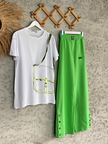 Çıtçıt Detaylı Bol Paça Pantolon (Yeşil)