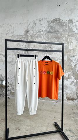 Çıtçıt Detaylı Paça Lastikli Pantolon (Beyaz)