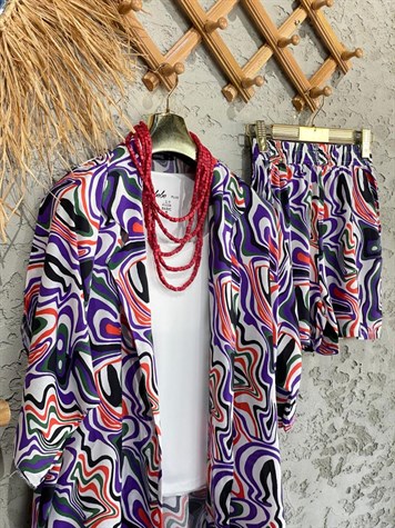Çizgi Desenli Kimono Şort Takım