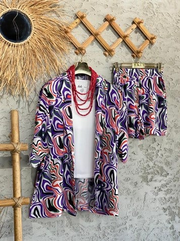 Çizgi Desenli Kimono Şort Takım