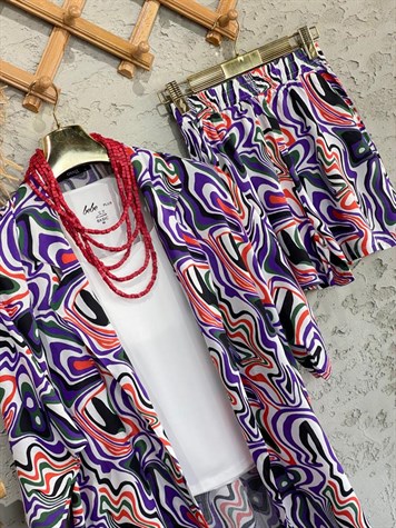 Çizgi Desenli Kimono Şort Takım