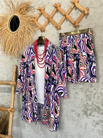 Çizgi Desenli Kimono Şort Takım