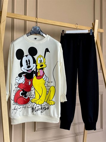 Çizgi Kahraman Baskı Detaylı Tunik Sweat (Beyaz)