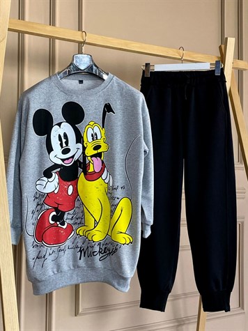 Çizgi Kahraman Baskı Detaylı Tunik Sweat (Gri)